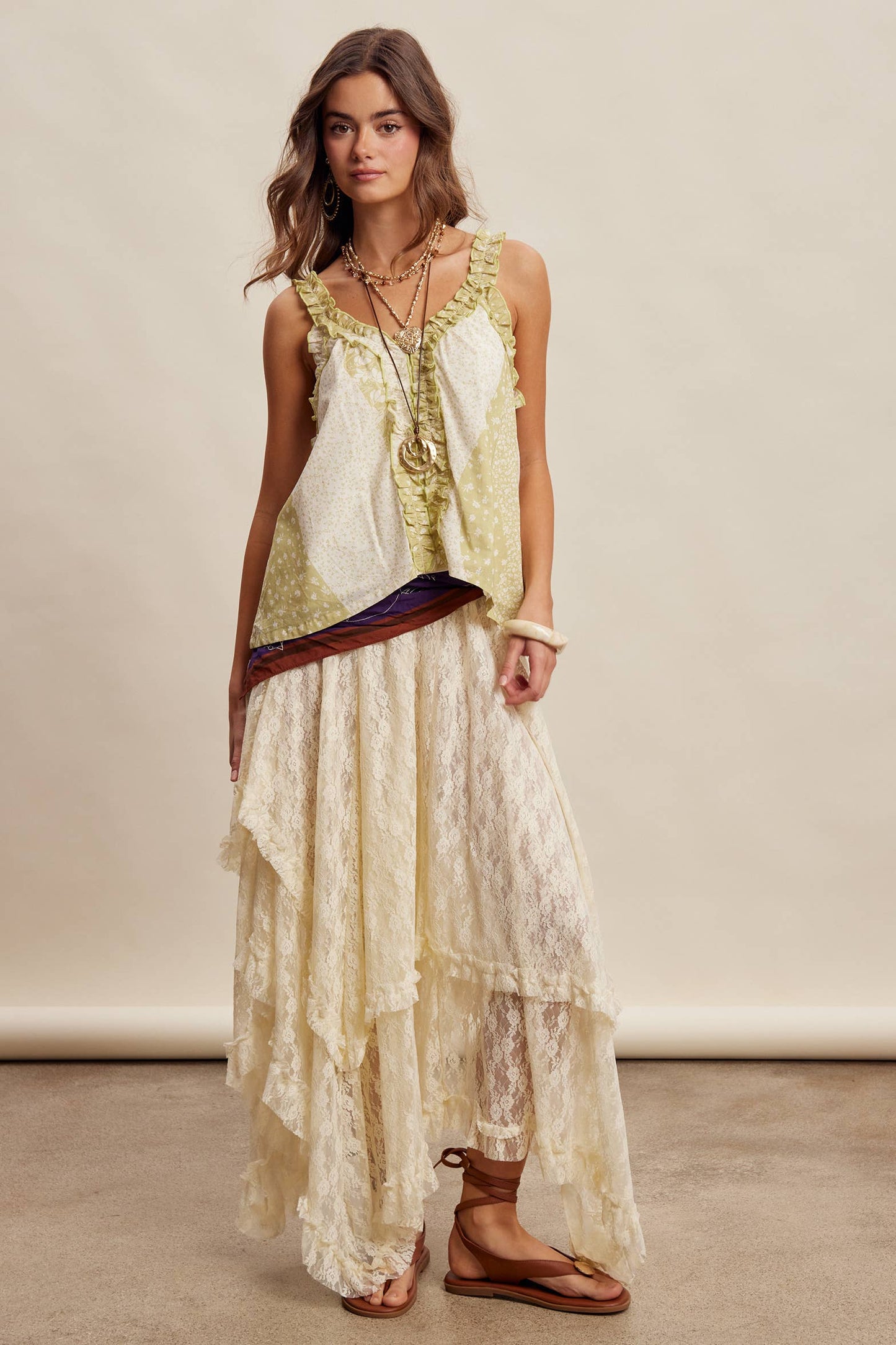 Sage Ruffle Trim Patchwork Tank Top
