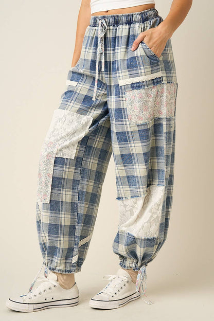 Mittoshop PLAID PATCHWORK LACE DRAWSTRING PARACHUTE PANTS