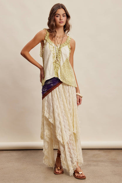 Sage Ruffle Trim Patchwork Tank Top