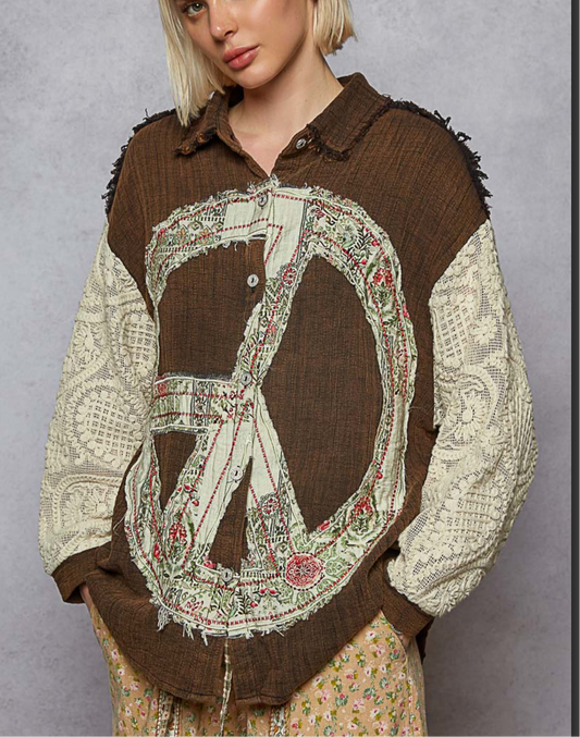 Mineral Wash Chocolate Brown Peace Button Up Top POL
