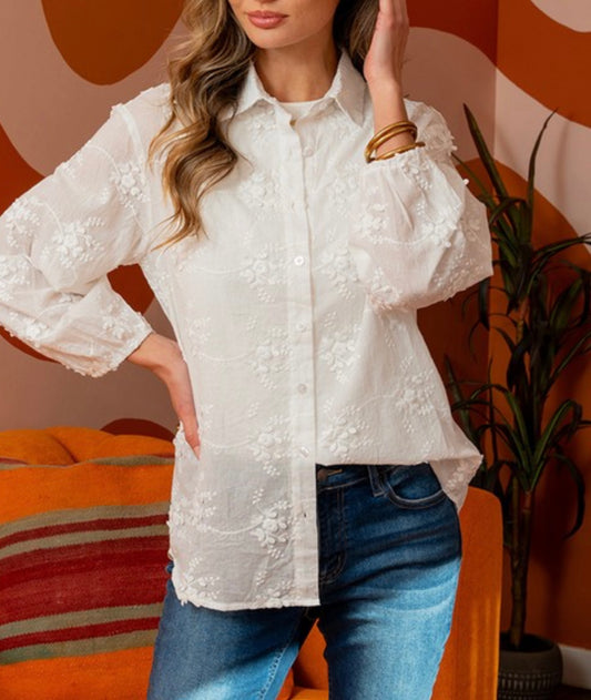 White Embroidery Button Down Top