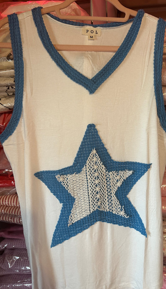 Blue and White Star Top
