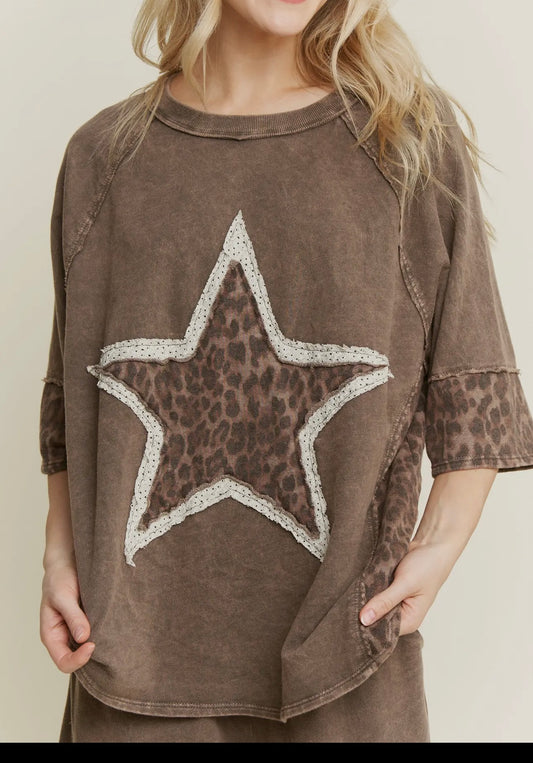 Ash Brown Leopard Print Star Top J.her