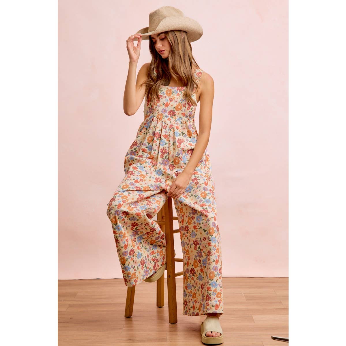 WASHED FLORAL TWILL FRONT POCKETS DETAIL OVERALL