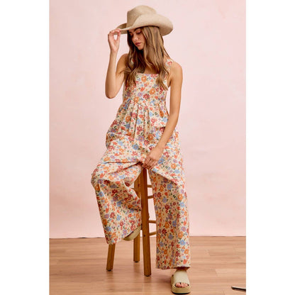 WASHED FLORAL TWILL FRONT POCKETS DETAIL OVERALL