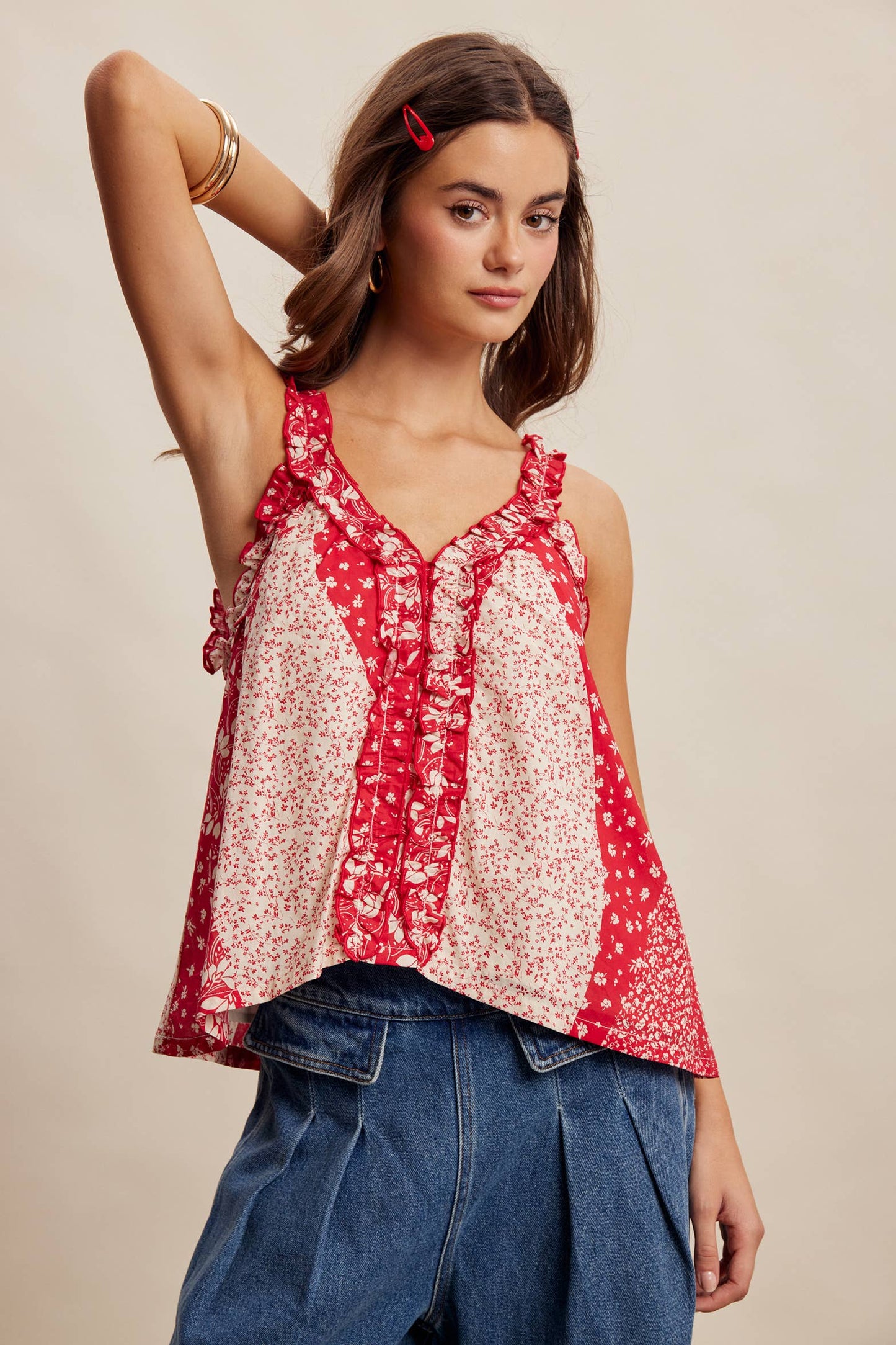Ruffle Trim Patchwork Tank Top