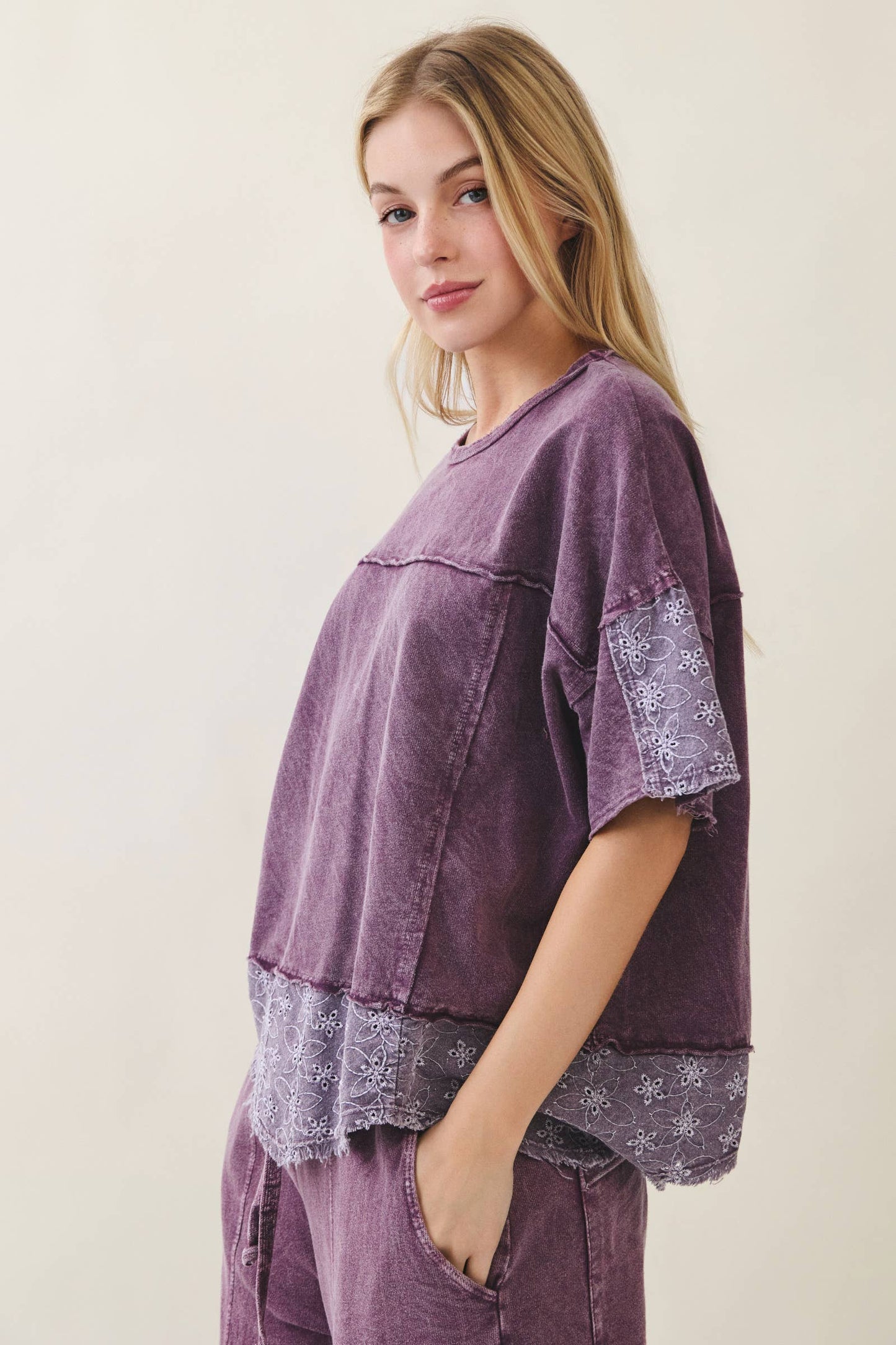 Mineral Washed Eggplant Eyelet Lace Top