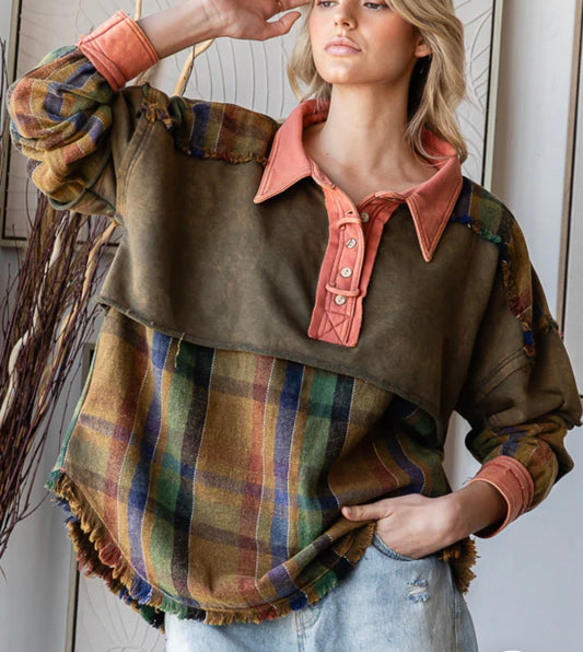 Olive Henley Button Down with Flannel Oli