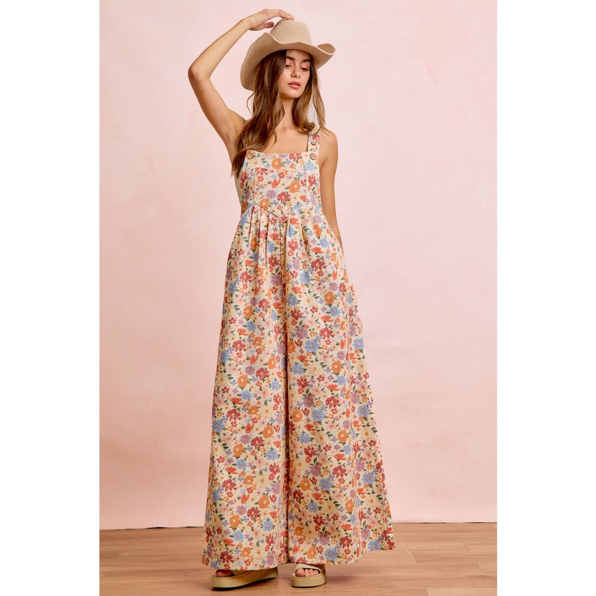 WASHED FLORAL TWILL FRONT POCKETS DETAIL OVERALL