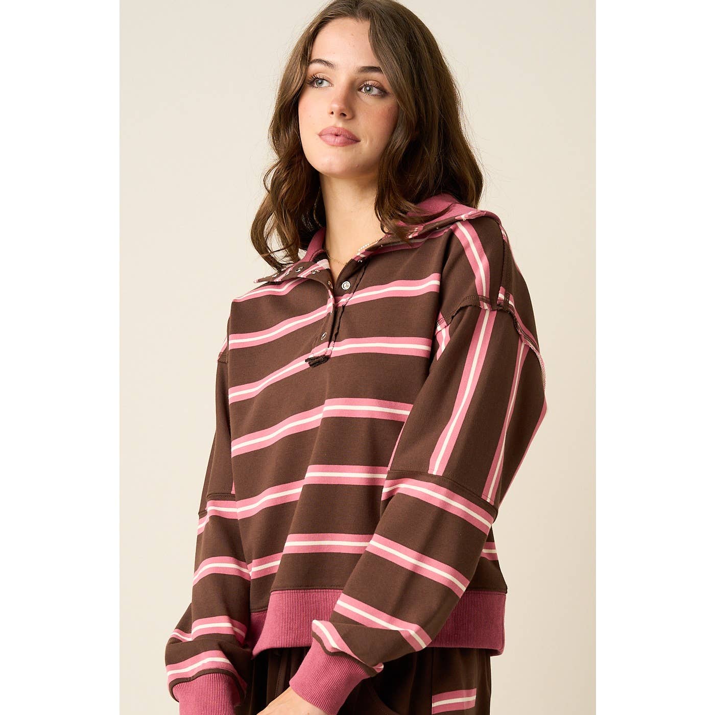 Mitto Shop Pink and Brown Contrast Striped Top