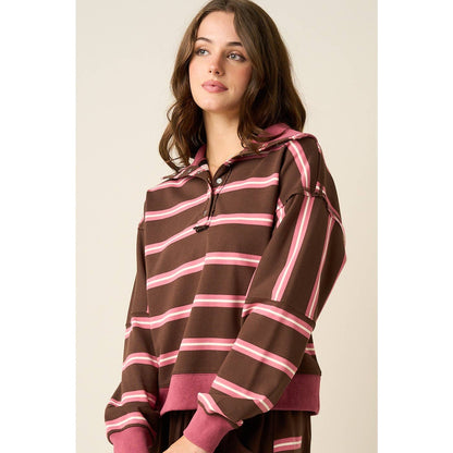 Mitto Shop Pink and Brown Contrast Striped Top