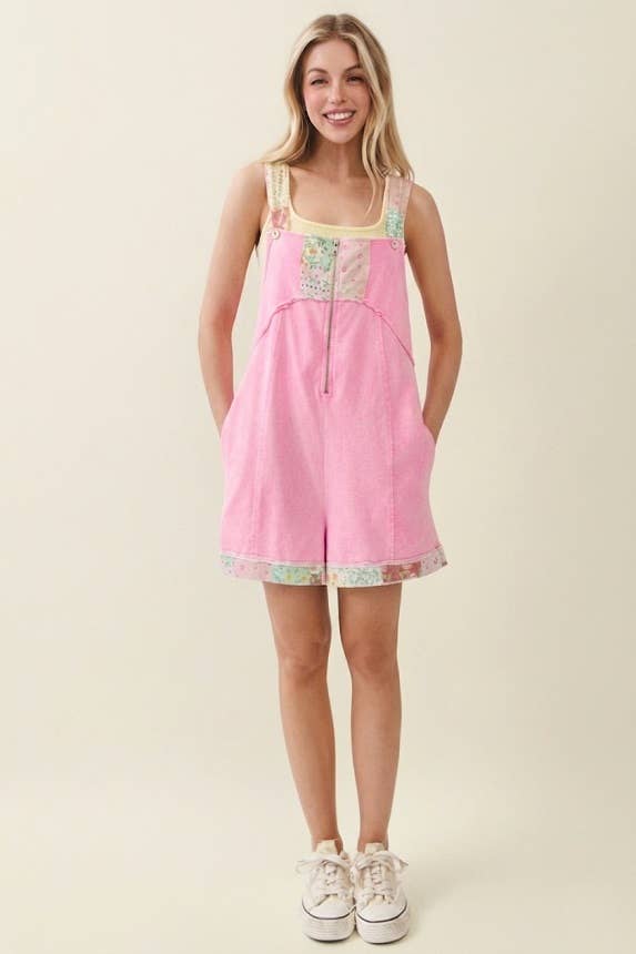 Mineral Washed Floral Patched Zipper Romper