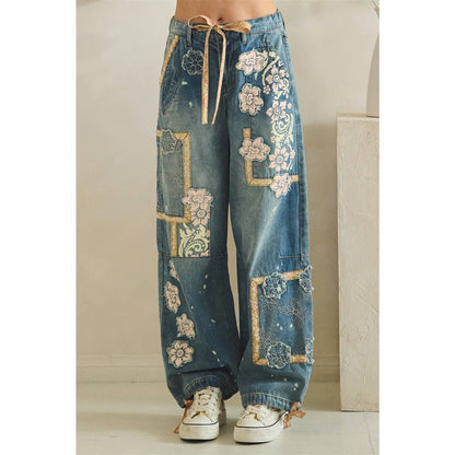 WASHED BLOCK PATCHED DENIM PANTS