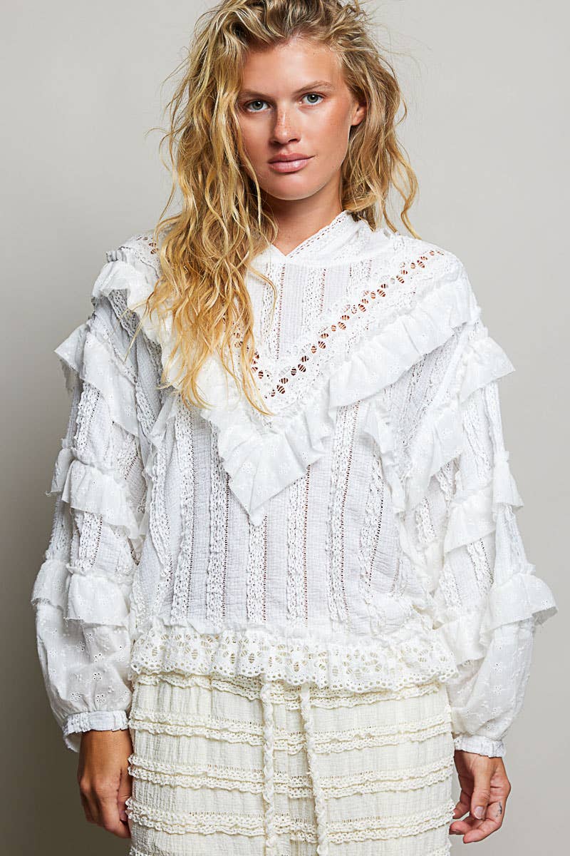 White Romantic Lace Ruffle Balloon Sleeve Floral Trim Hoodie