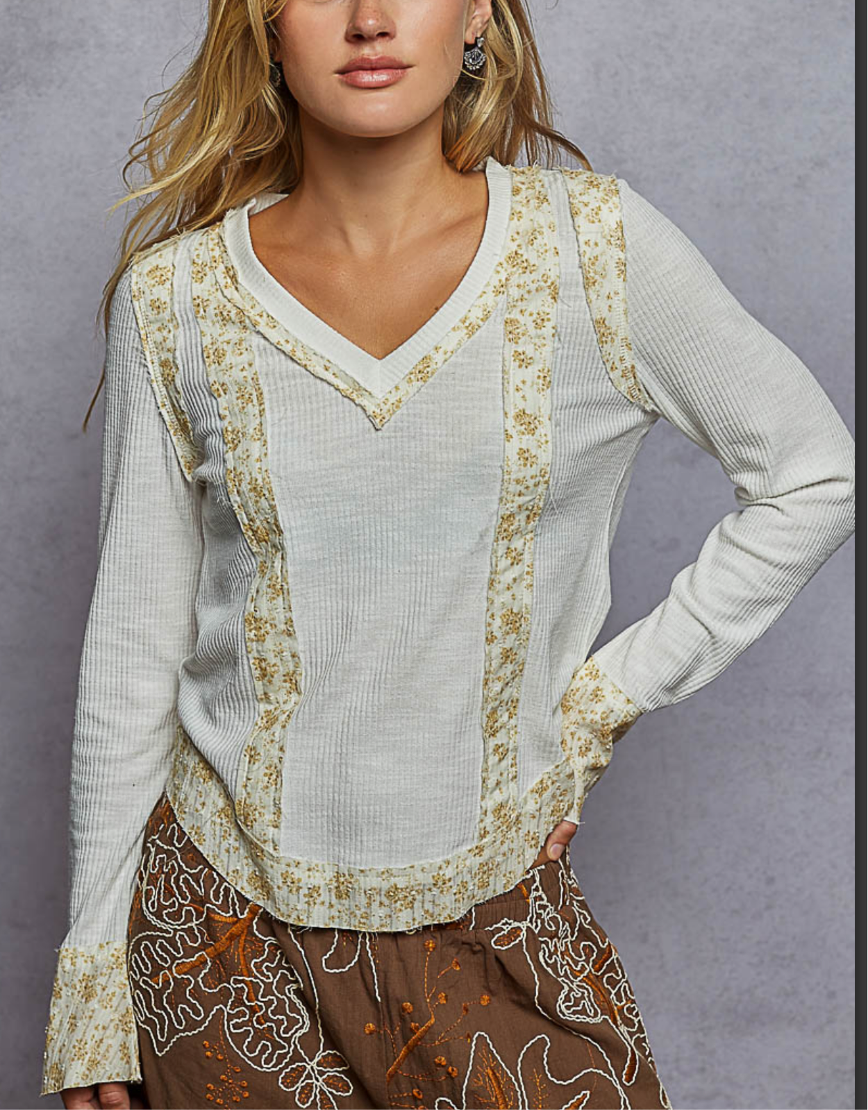 Off White V Neck Floral Insets Long Sleeve Top