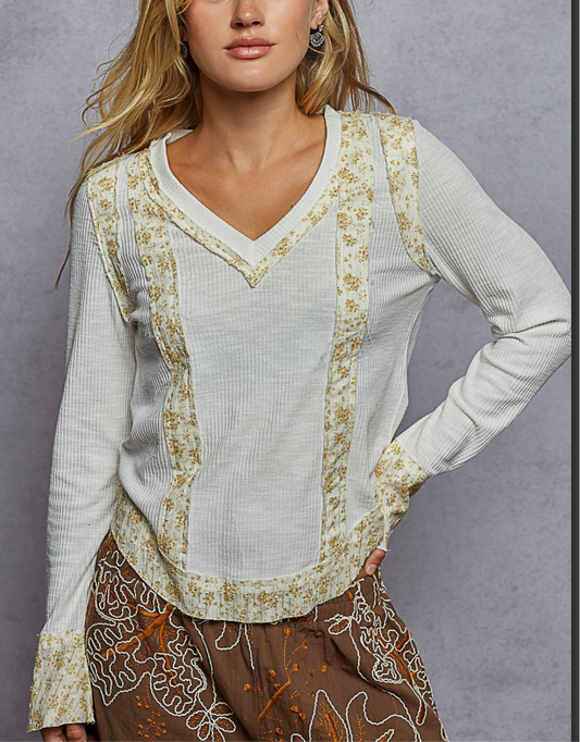 Off White V Neck Floral Insets Long Sleeve Top