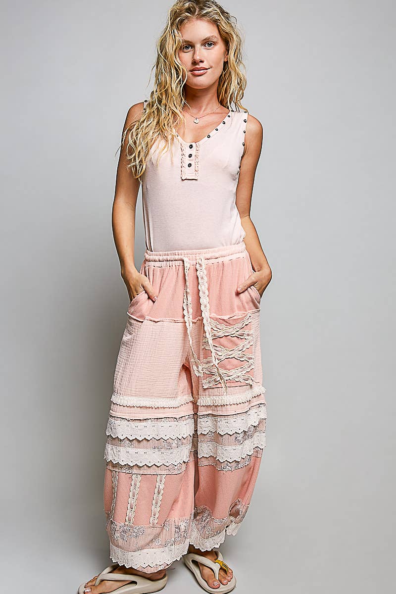 Pink Double Gauze Trim Floral Patch Waistband Jogger Pants