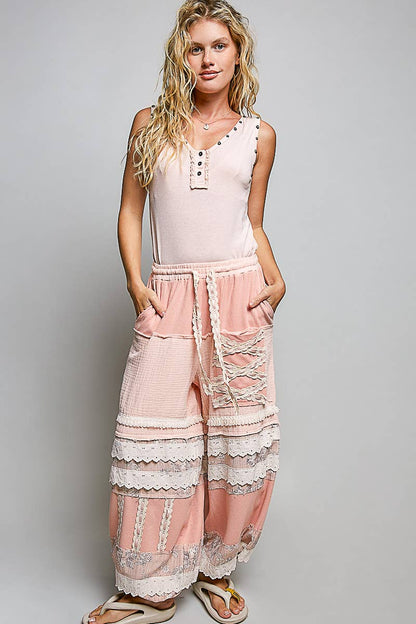 Pink Double Gauze Trim Floral Patch Waistband Jogger Pants