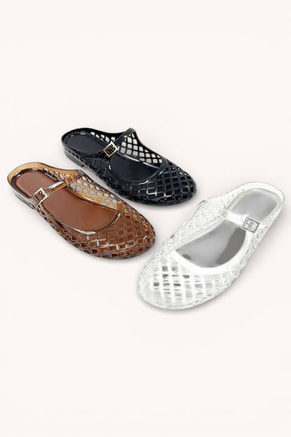 POSIE-1 TRENDY LATTICE JELLY MARY JANE STRAP SLIDE FLAT SLIP