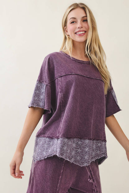 Mineral Washed Eggplant Eyelet Lace Top