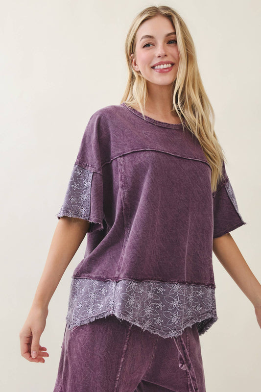 Mineral Washed Eggplant Eyelet Lace Top