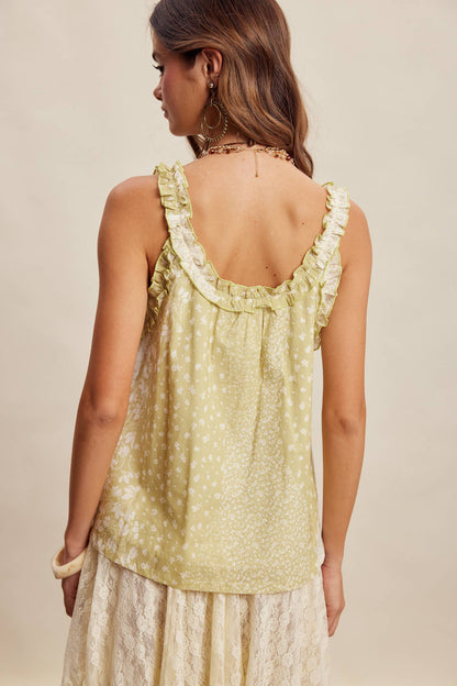 Sage Ruffle Trim Patchwork Tank Top