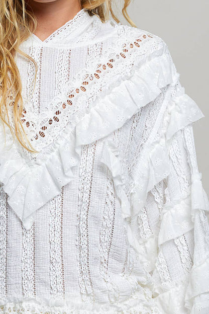 White Romantic Lace Ruffle Balloon Sleeve Floral Trim Hoodie