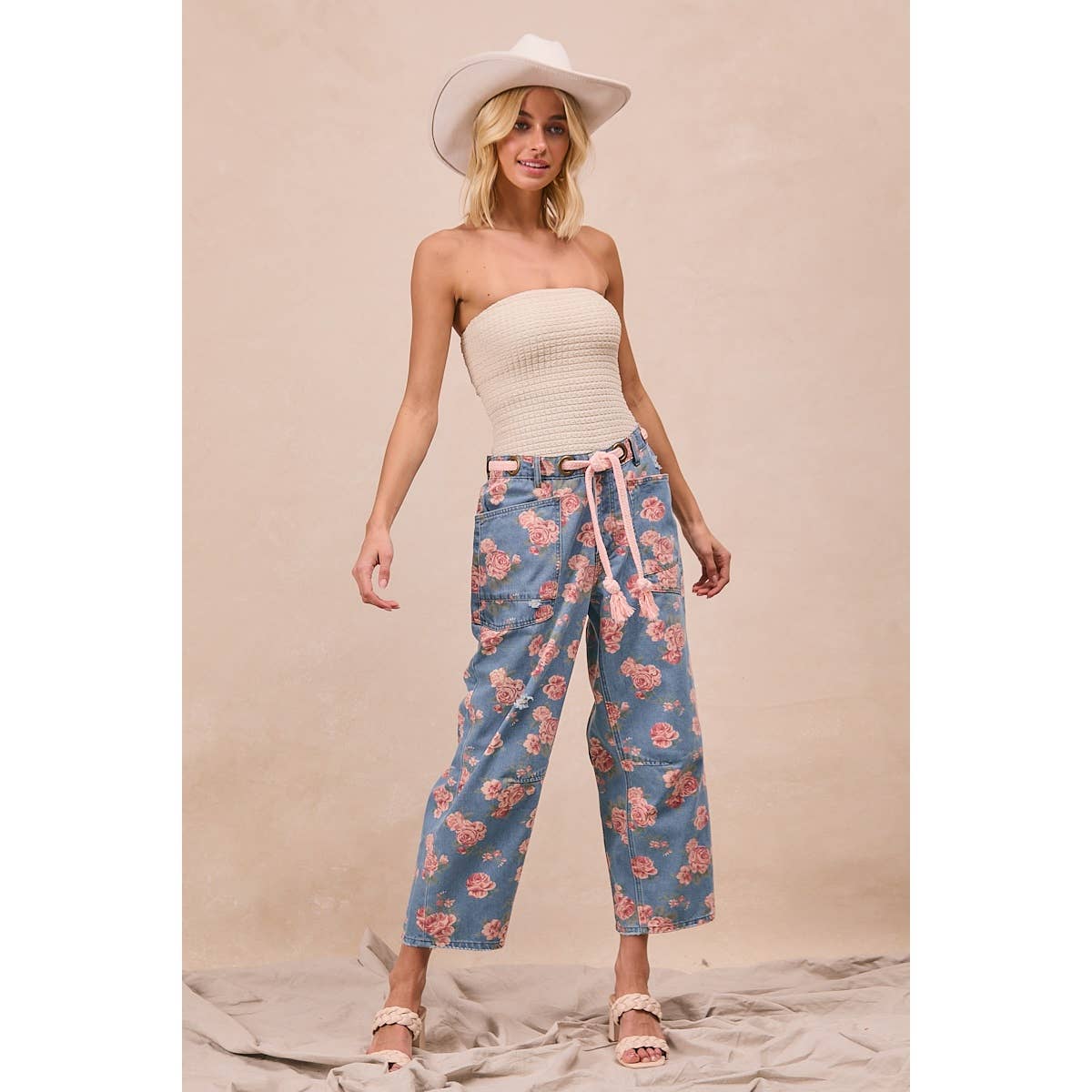 BRAIDING PATCH POCKET FLORAL DENIM PANTS