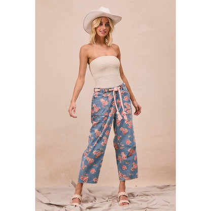 BRAIDING PATCH POCKET FLORAL DENIM PANTS