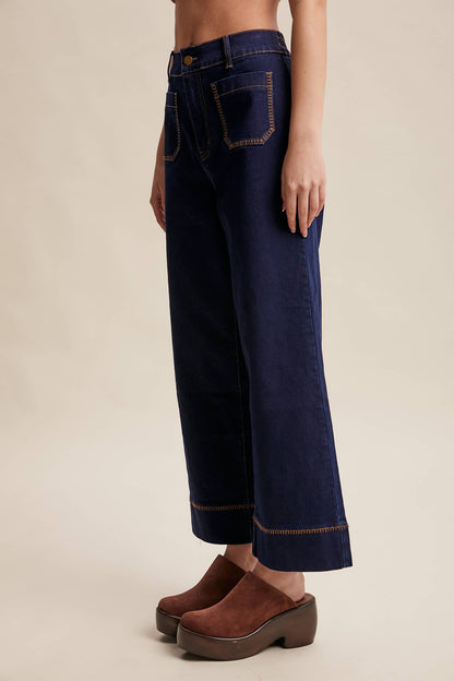 Contrast Stitch Wide Leg Stretch Denim Pants