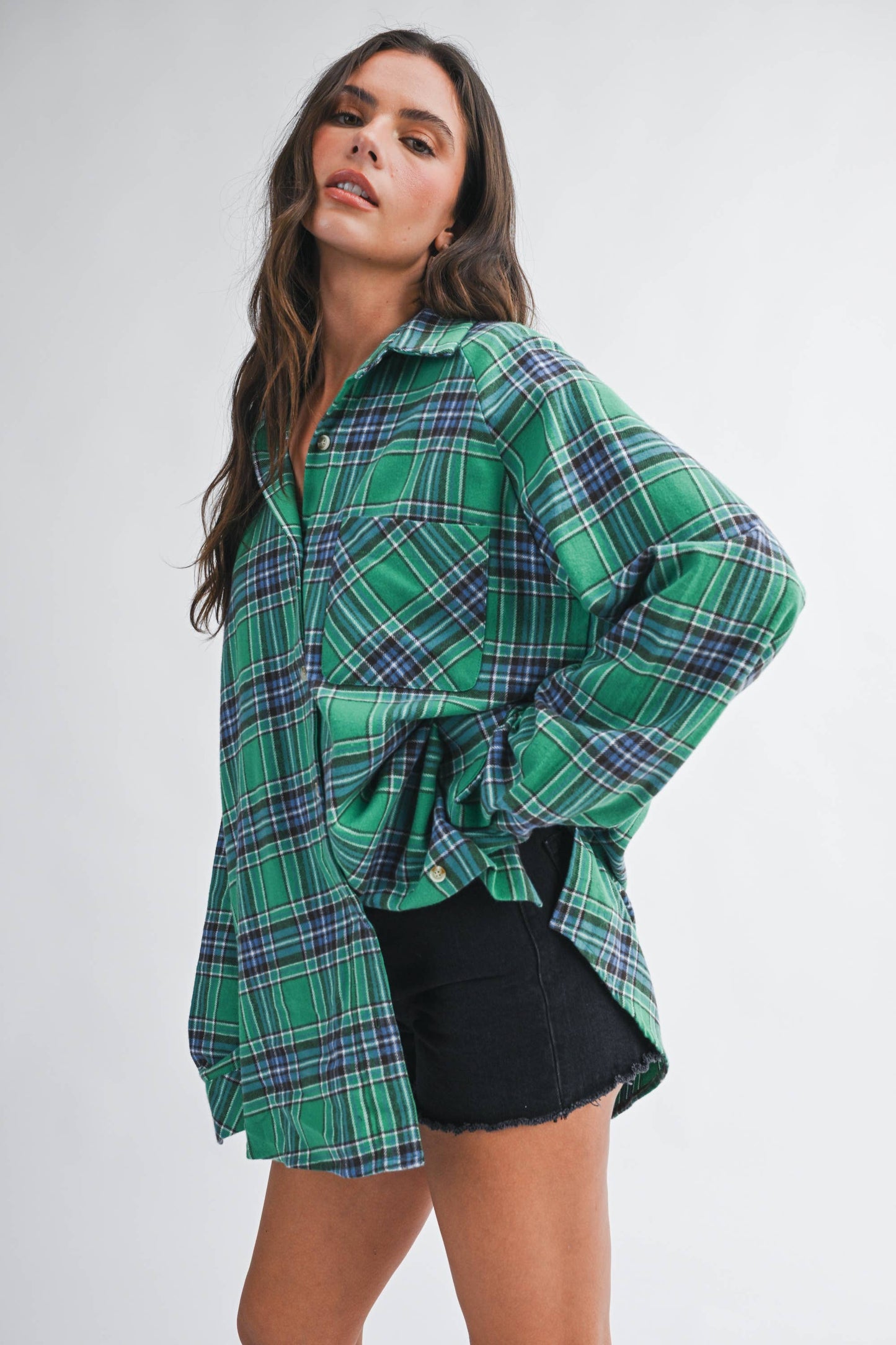 Teal Green Oversized Plaid Flannel Button Down Shirt