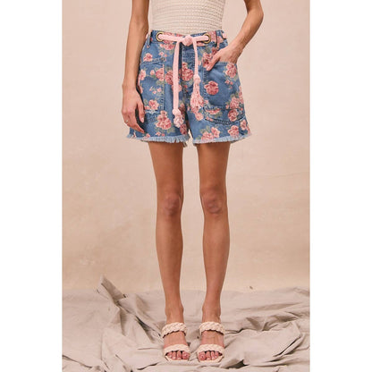 BRAIDED WAIST BELT PATCH FLORAL DENIM SHORTS
