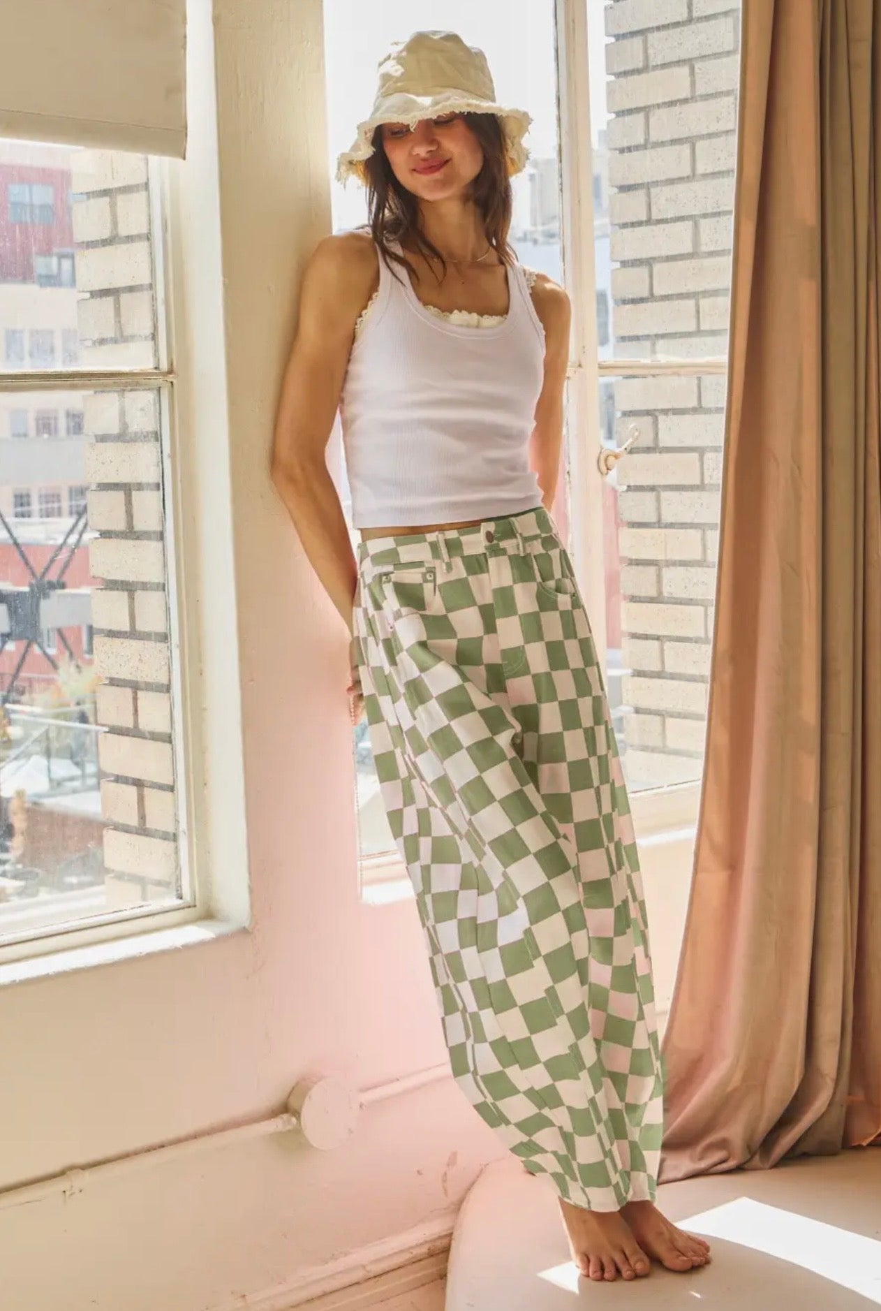 Sage Checkered Barrel Pants