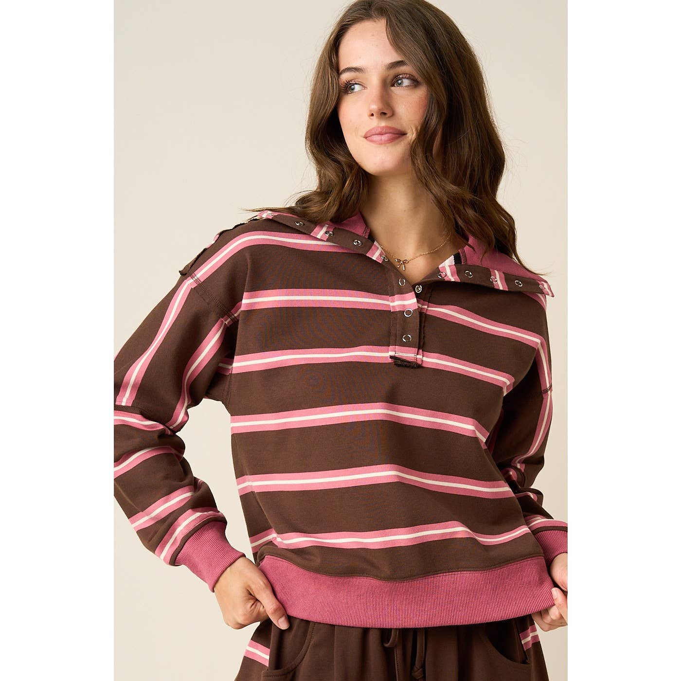 Mitto Shop Pink and Brown Contrast Striped Top