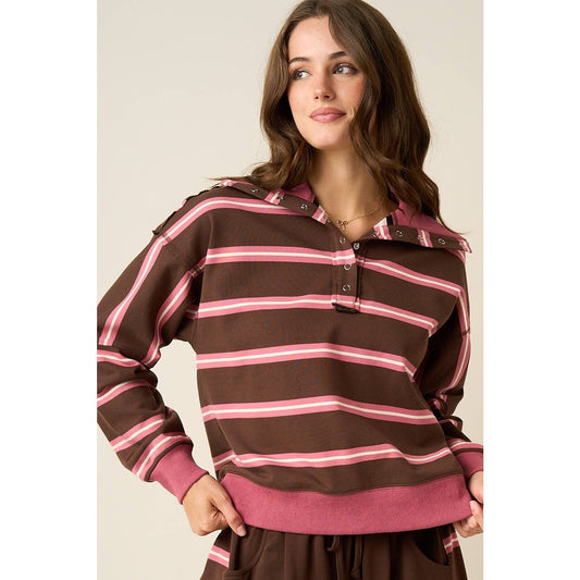 Mitto Shop Pink and Brown Contrast Striped Top