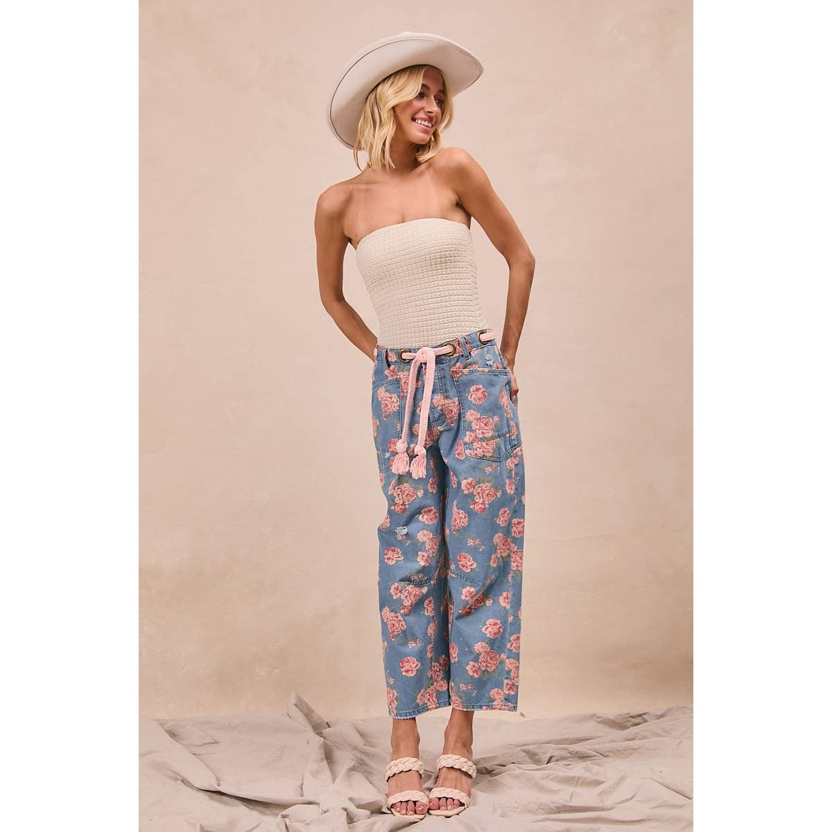 BRAIDING PATCH POCKET FLORAL DENIM PANTS