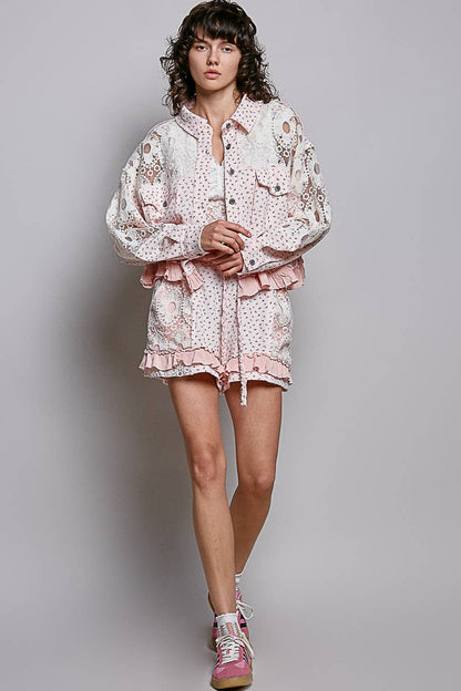 Pink Boho Floral Knit Waistband Lace Patch Ruffle Shorts
