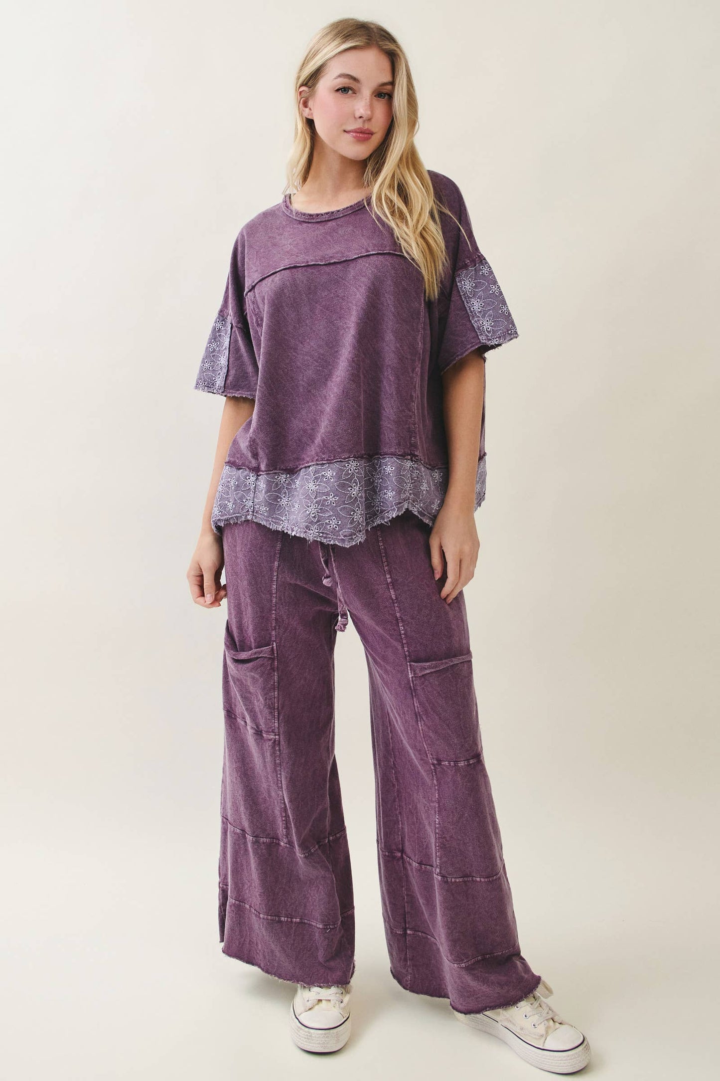 Mineral Washed Eggplant Eyelet Lace Top