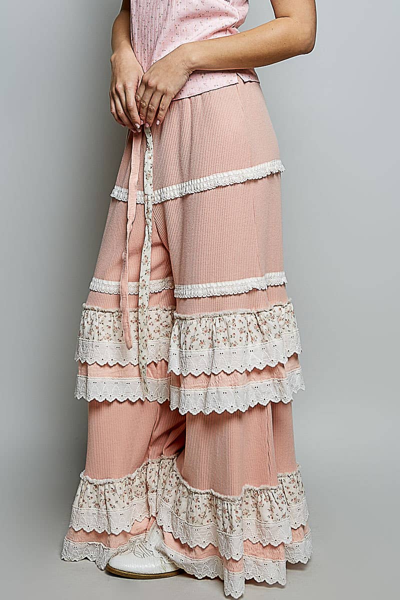 Floral Contrast Eyelet Ruffle Lace Trim Straight Knit Pants