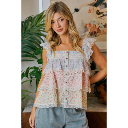 FLORAL COLOR BLOCK LACE TRIMMED RUFFLED TOP