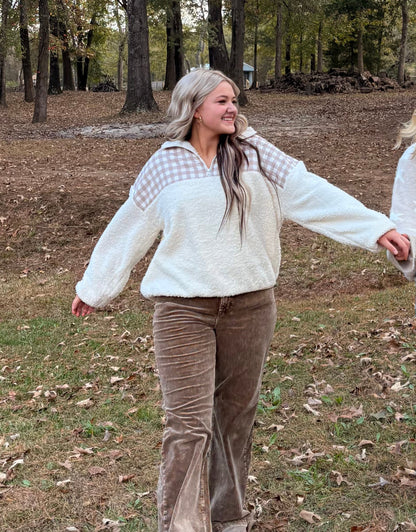 Taupe Gingham Plaid Fleece Jacket Happy Camper
