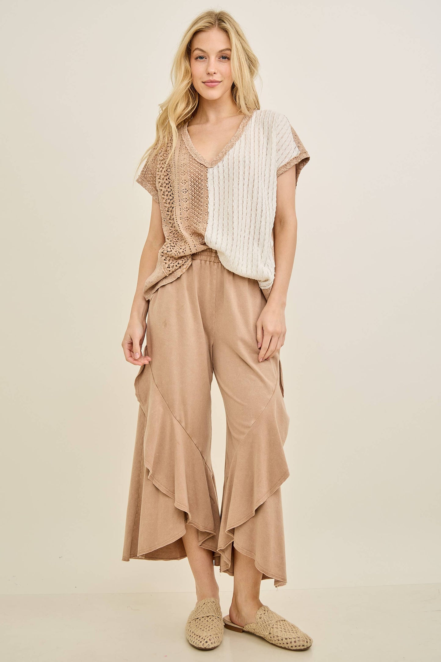 Mineral Washed Wavy Eggplant Ruffle Cropped Pants
