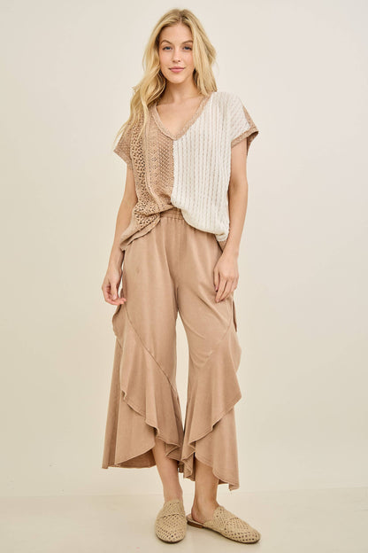 Mineral Washed Wavy Eggplant Ruffle Cropped Pants