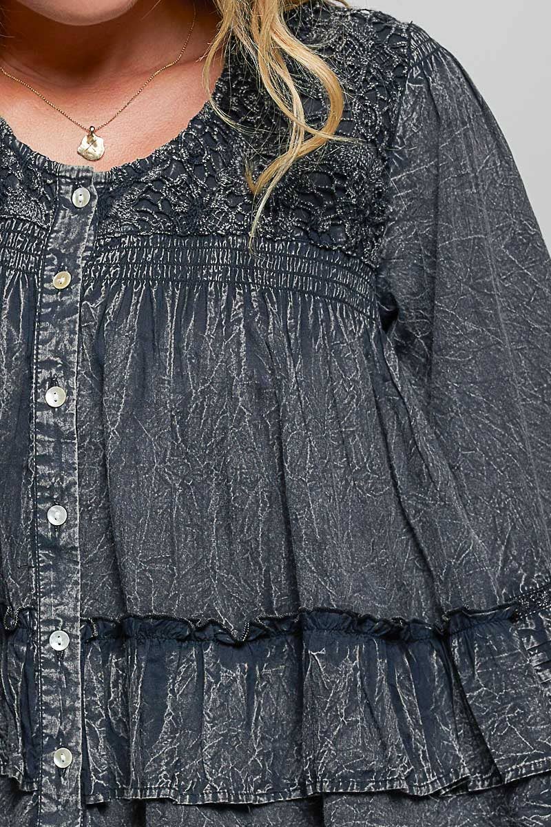 Feminine Lacework Pintuck Button Front Woven Blouse