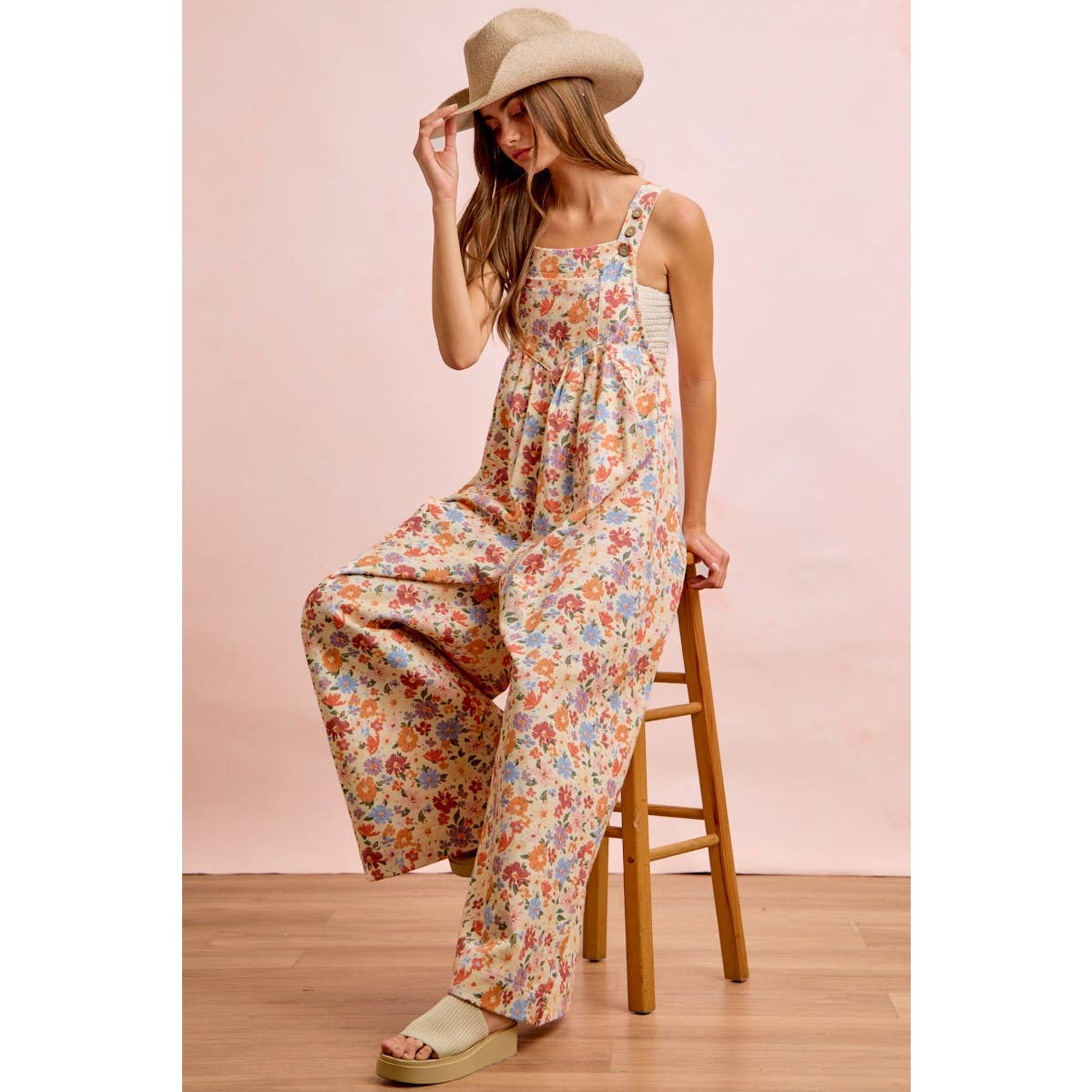 WASHED FLORAL TWILL FRONT POCKETS DETAIL OVERALL