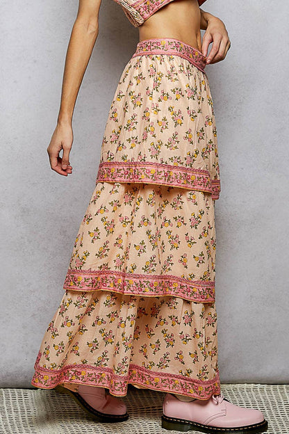 Peach Floral ruffle Maxi Tiered Skirt