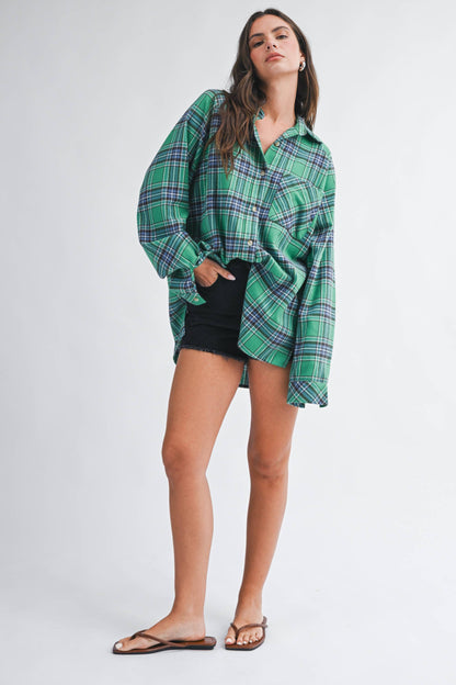 Teal Green Oversized Plaid Flannel Button Down Shirt