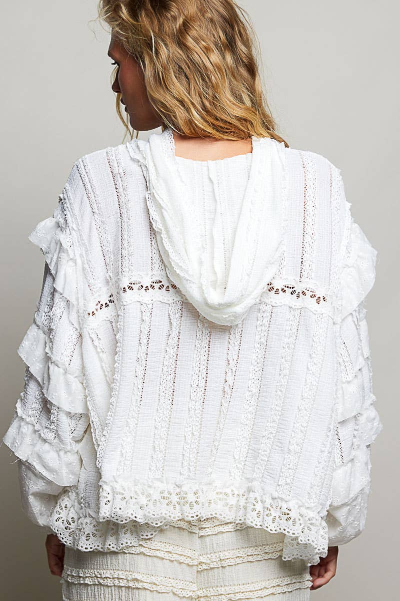 White Romantic Lace Ruffle Balloon Sleeve Floral Trim Hoodie