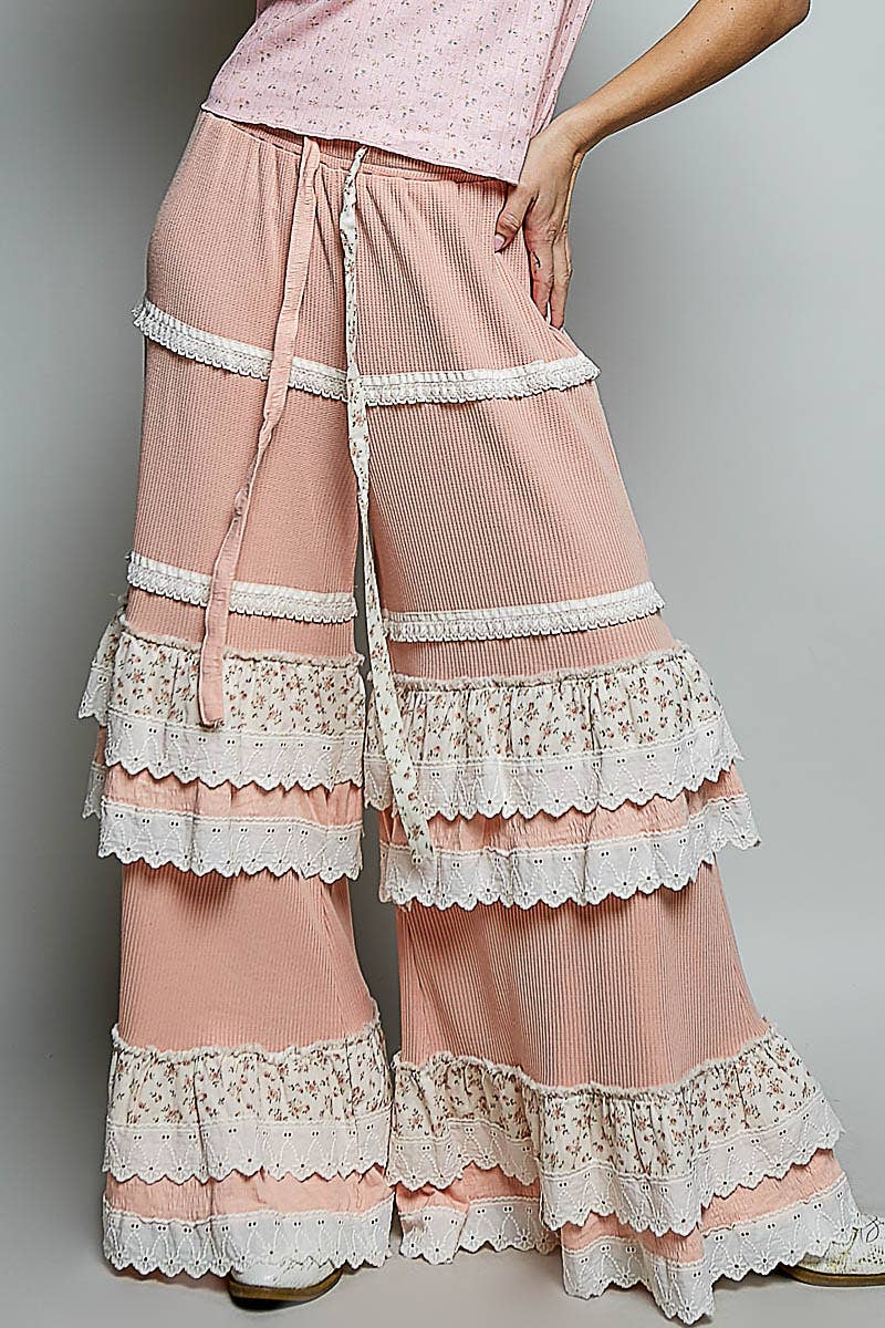 Floral Contrast Eyelet Ruffle Lace Trim Straight Knit Pants