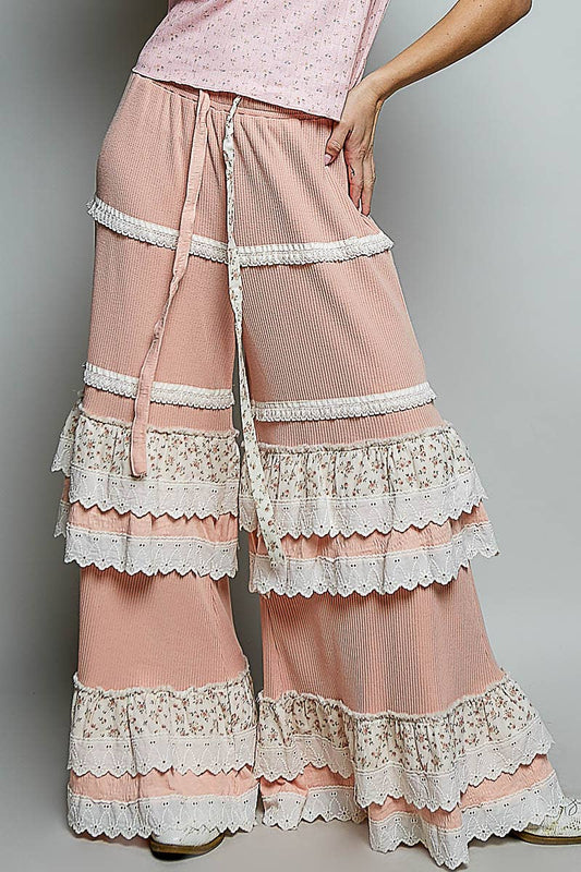 Floral Contrast Eyelet Ruffle Lace Trim Straight Knit Pants